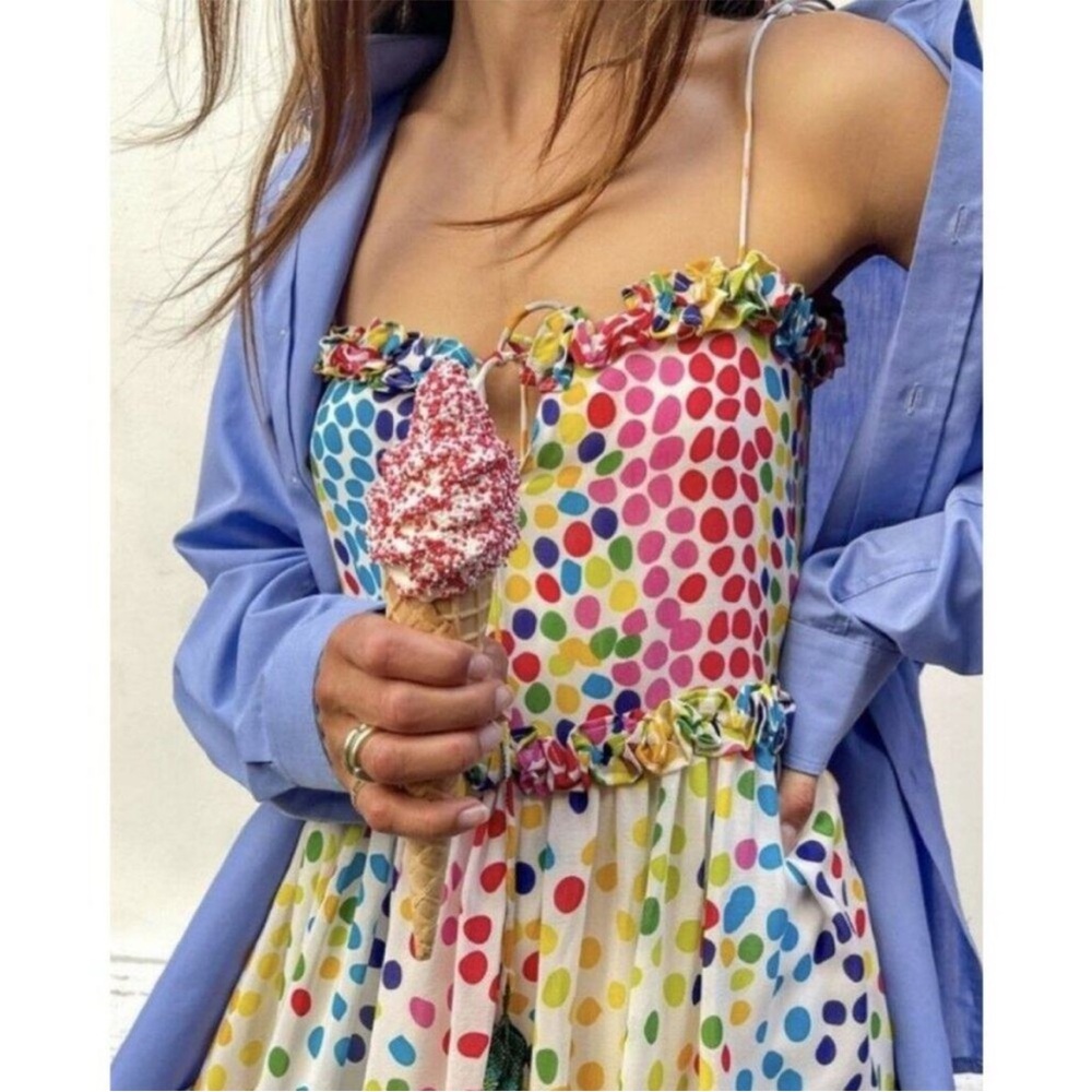 NWT 🌈 All Things Mochi Blessica Mini Silk Ruffle Dress Rainbow Polka Dots Tiered